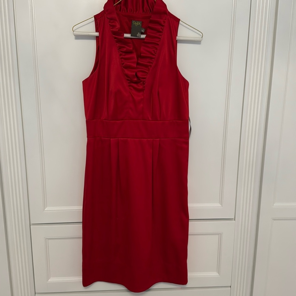 Red Ruffled Satin Sheath Midi Dress (Taylor) size 2